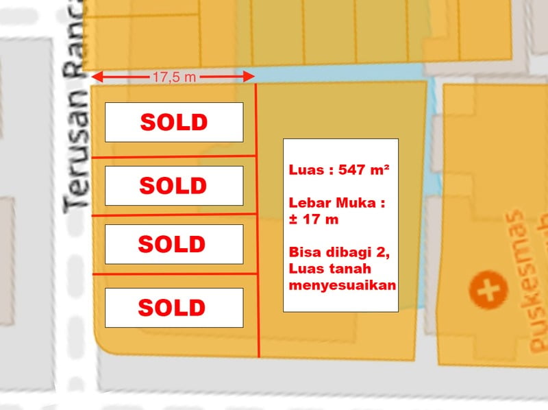 Denah kavling — luas 547 m², lebar muka ±17 m, bisa dibagi 2 di Jl. Terusan Rancagoong, Bandung