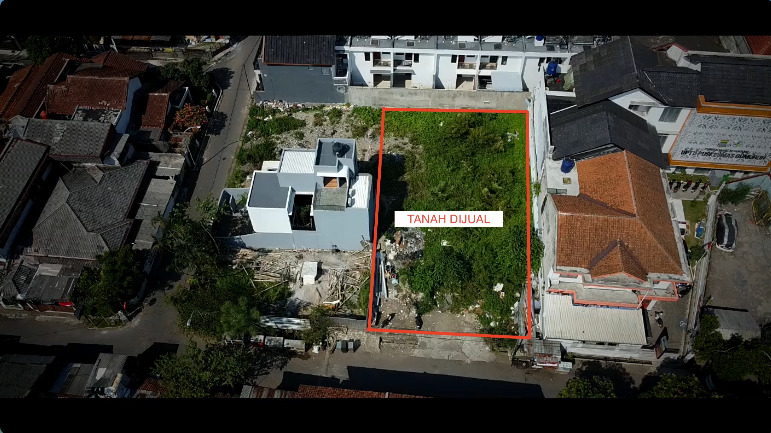Foto drone aerial tanah dijual 547 m² SHM di Jl. Rancagoong, Turangga, Buah Batu, Bandung — tampak dari atas dengan area marked